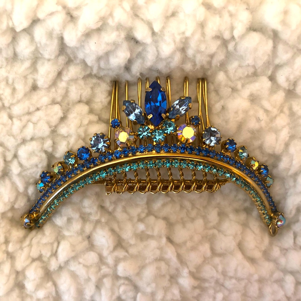 Vintage gorgeous small head tiara in blue and gold swarovski crystals.